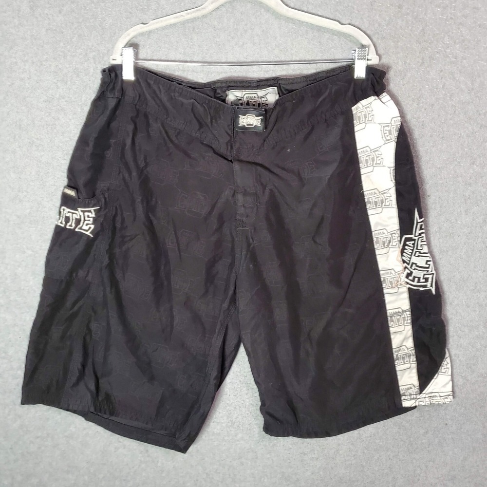 MMA Elite Men Activewear Shorts XL Black Logo Embroidered Allover 10"‎ Inseam